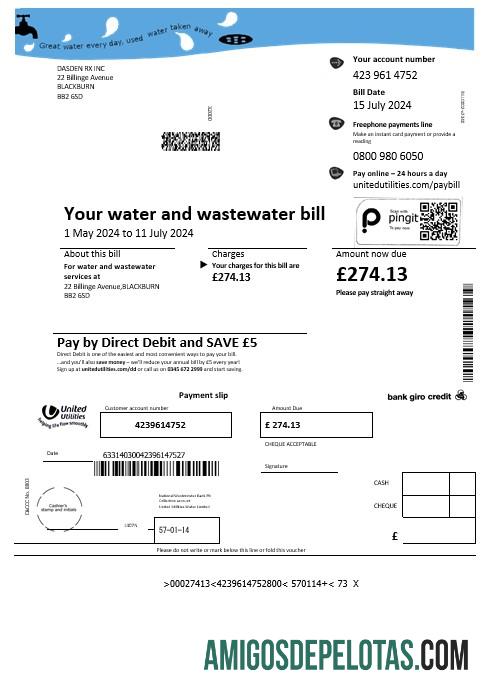 Em branco modelo de fatura de serviços públicos de água da United Utilities do Reino Unido em formatos Word e PDF